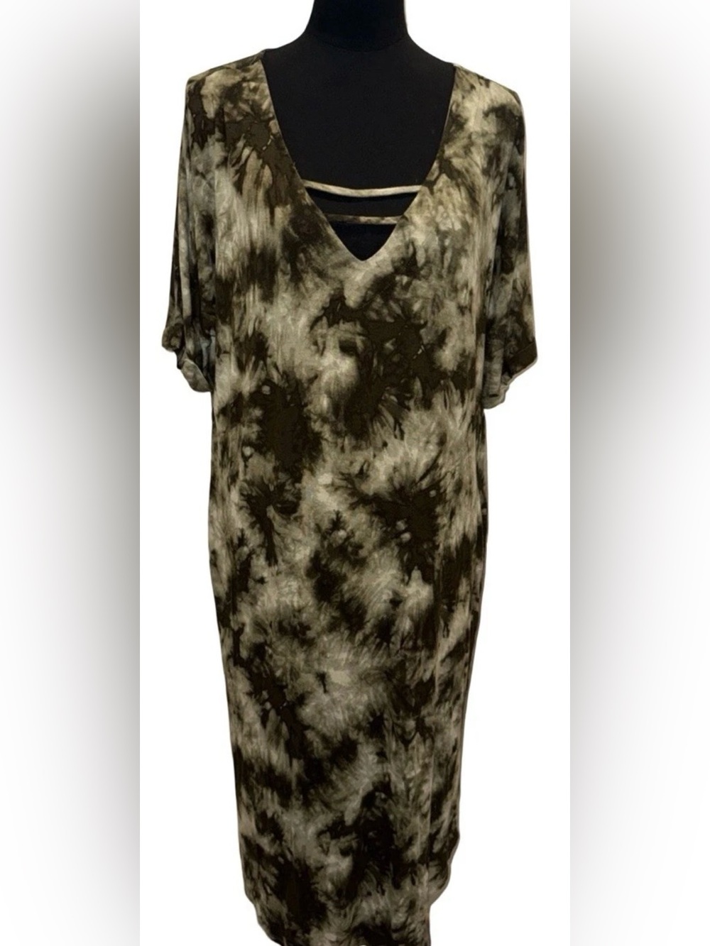 Ashley Stewart Short Sleeve Green/White Tie-Dye Dress, Pockets, Plus 14/16, NWT
